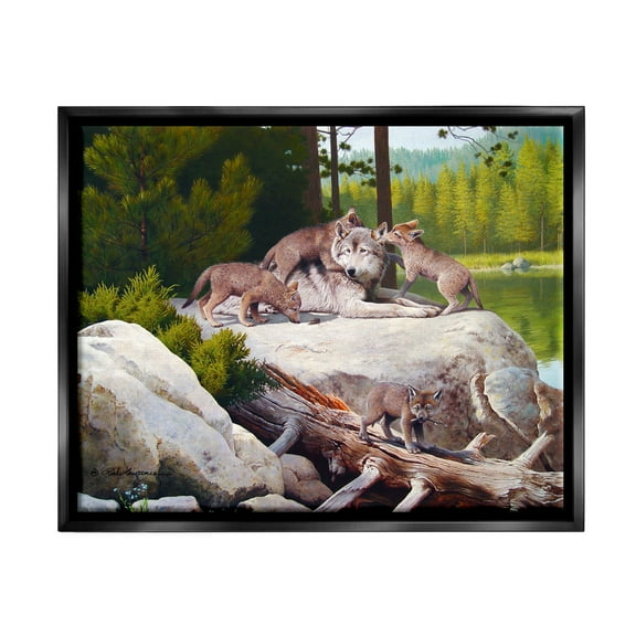 Stupell Industries Wolf & Cubs in Nature Animals & Insects Painting Black Floater Framed Canvas Art Print Wall Art, 21 x 17