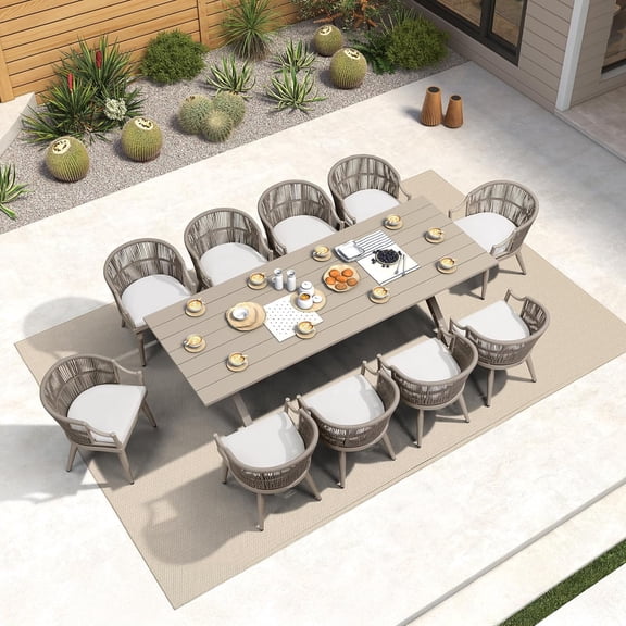 PURPLE LEAF OUTDOOR 11 Pieces Outdoor Dining Set All Weather Wicker Patio Dining Set with Rectangular Aluminum Table and Modern Armrest Dining Chairs for Garden Deck Backyard Kitchen, Teak