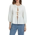 thumbnail image 2 of Michellecmm Women Basic Tie Front Tops Casual Solid Color Loose 3/4 Sleeve Shirt Cardigan for Club Streetwear Aesthetic Clothes, 2 of 9