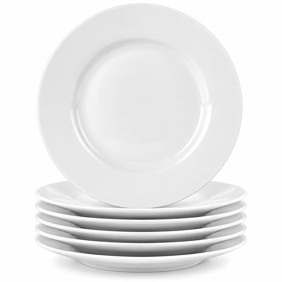 Bestone 6 Piece 8" Porcelain White Salad Plates ,Durable Plates, Classic Round with Wide Rim, Everyday Use, Set of 6