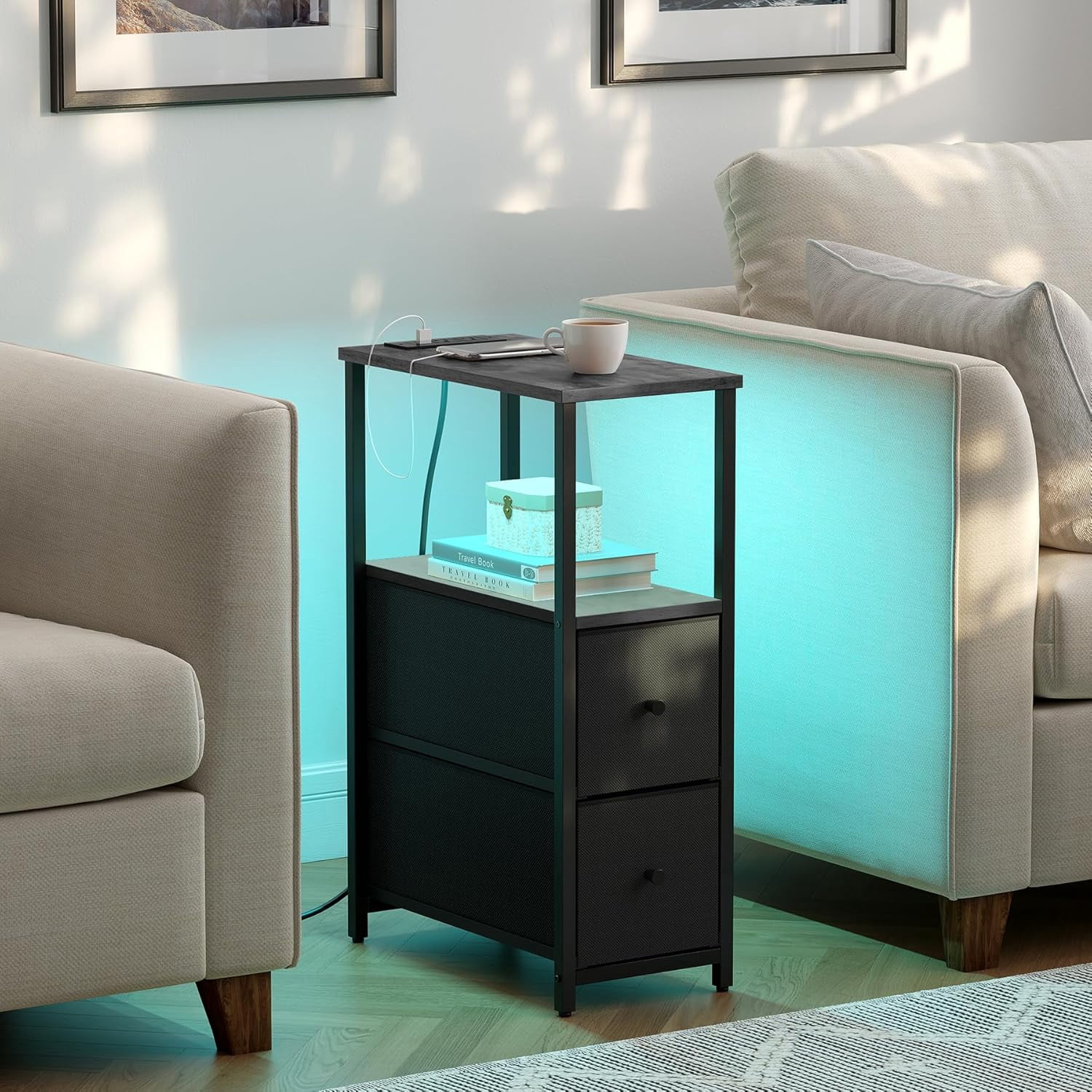 Small Narrow LED End Table with Charging Station, Side Table Outlets, Nightstand with 2 Cloth Drawers, Set of 2, Couch Table, for Living Room, Bedroom, Bedside, Charcoal Grey