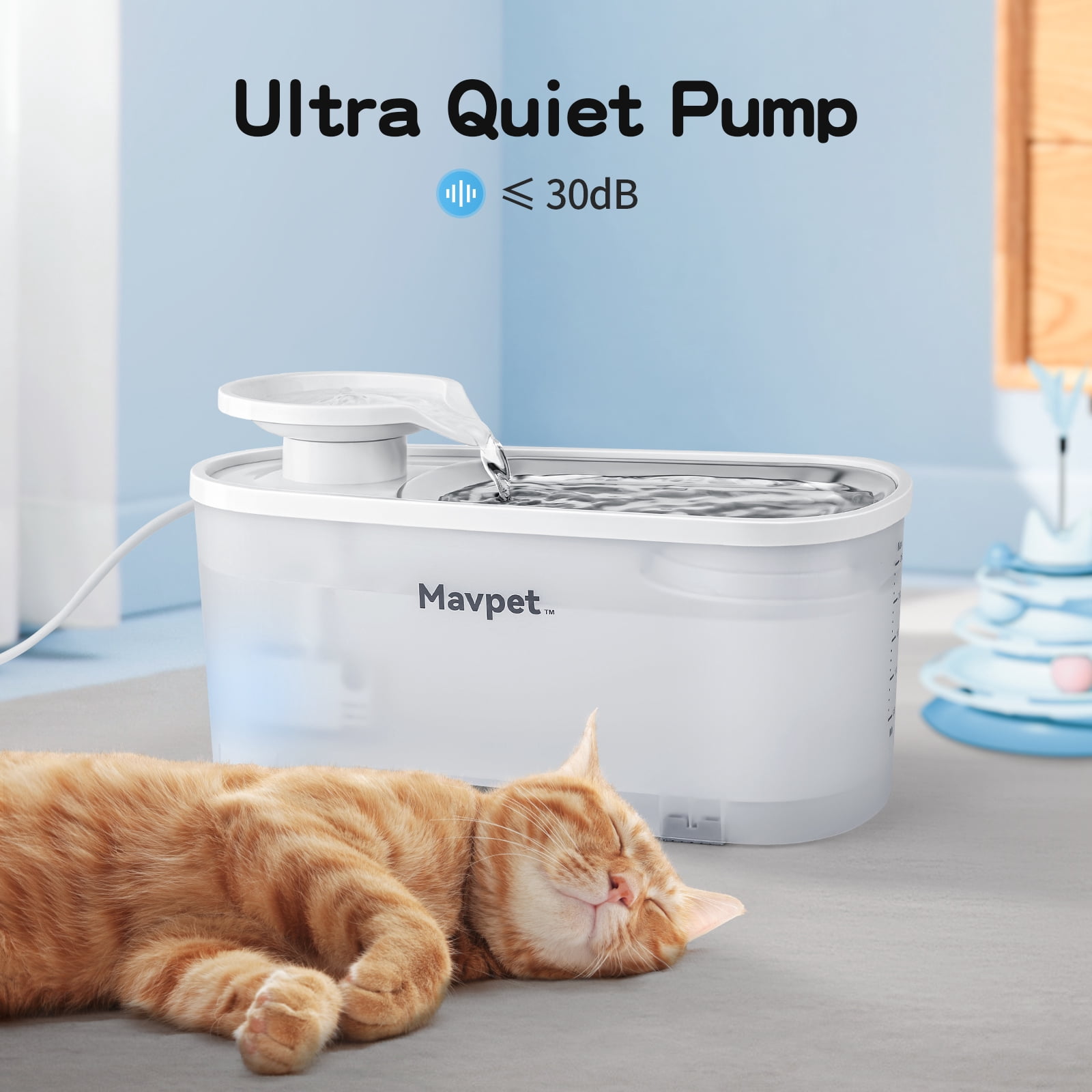 Mavpet 2.5L/84oz Ultra Quiet Cat Water Fountain, Visible Water Level Water Fountain with 2 Filters