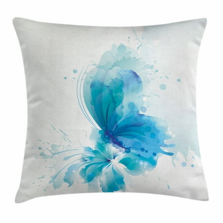 Butterfly Pillow Watercolor Throw Pillow Cushion Cover, Abstract Blue Butterfly on a Blooming Flower Romantic Artistic Design, Decorative Square Accent Pillow Case, 16 X 16 Inches, Blue Sky Blue White, by Ambesonne ()
