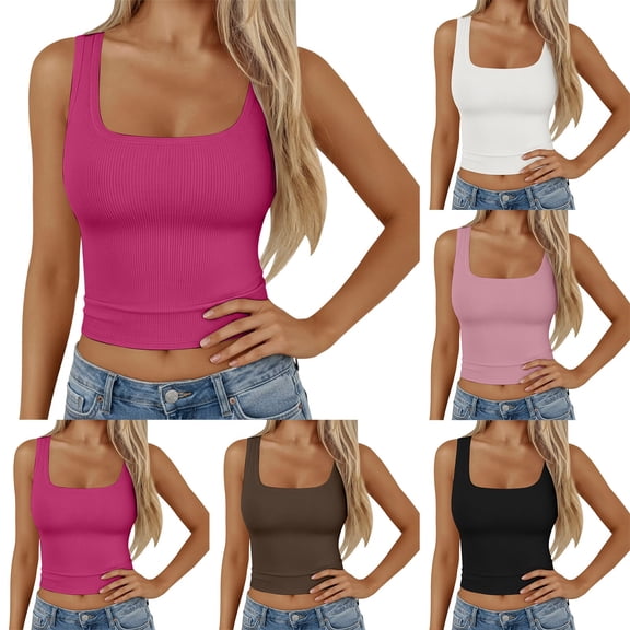 Tisuna Tank Tops For Women Summer Square Neck Sleeveless Slim Fit Shirt Ladies Everyday Casual Wear Basic Cami Shirts Size L Black
