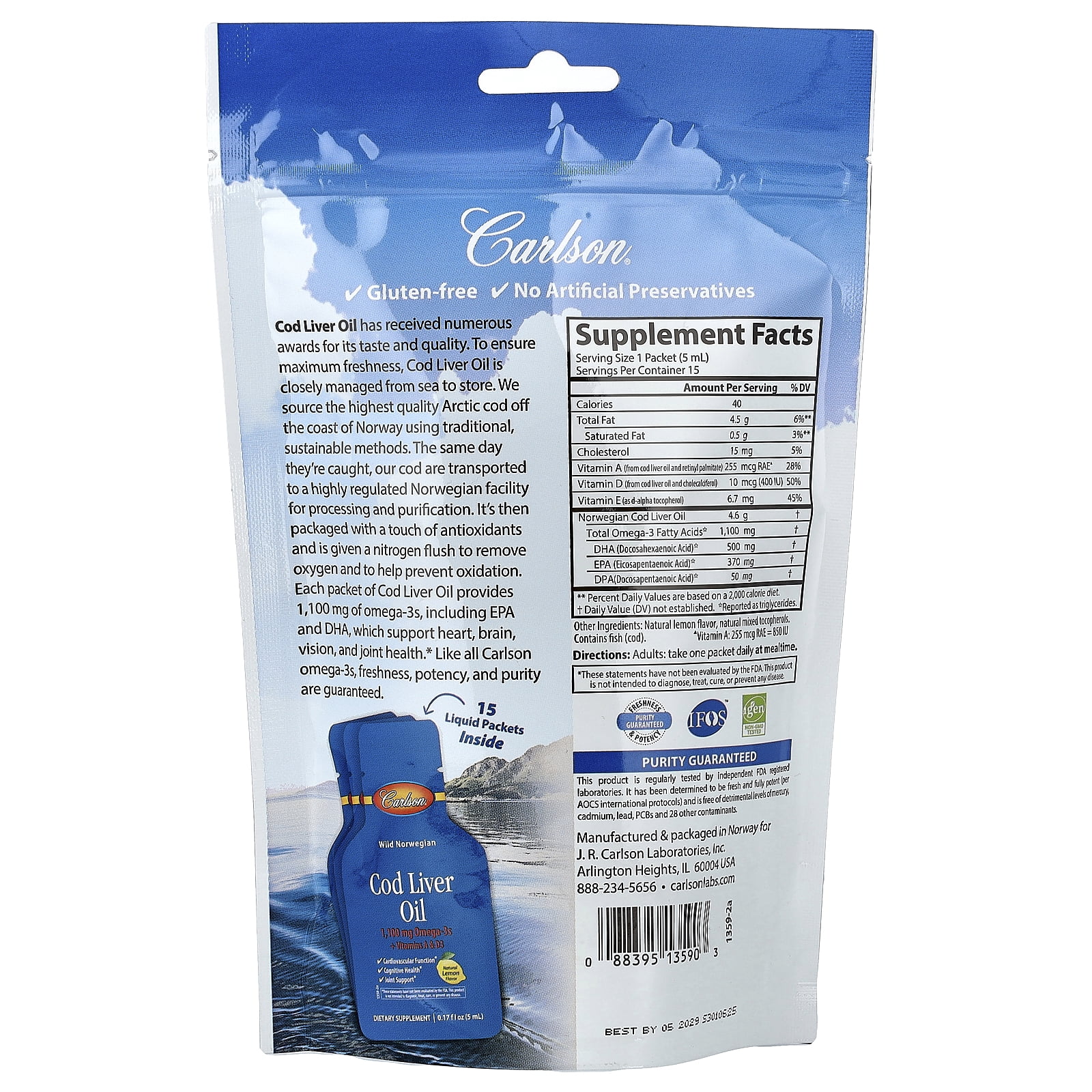 Carlson Wild Norwegian Cod Liver Oil, Natural Lemon, 15 Liquid Packets, 0.17 fl oz (5 ml) Each