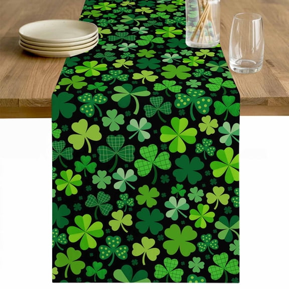 Saint Patrick's Day Table Runner - 72 Inch Long Spring Farmhouse Botanical Clovers Cotton and Linen Blended Dress Scarves Farmhouse Table Runner for Kitchen Dining, Coffee Table, 13" x 72"