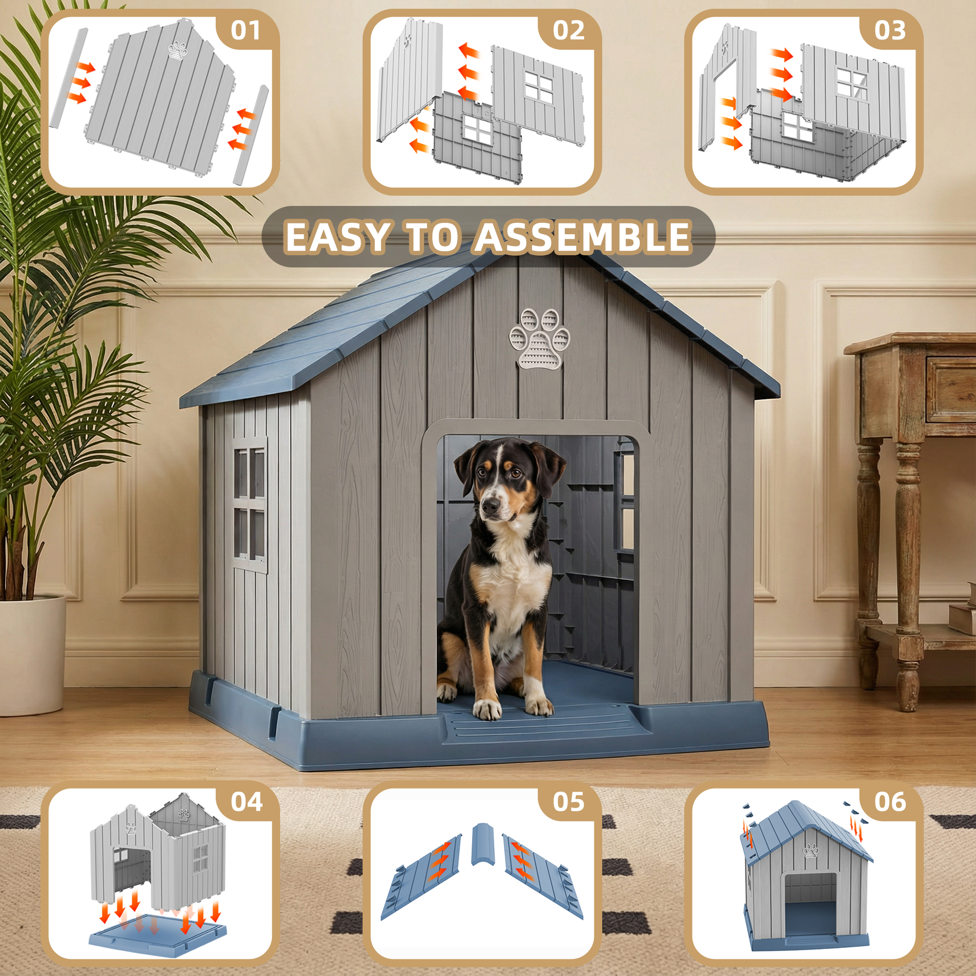 MAYEERTY Outdoor Weatherproof Dog House, Multi-Pet Shelter with Vents for Backyard Patio, Gray & Blue