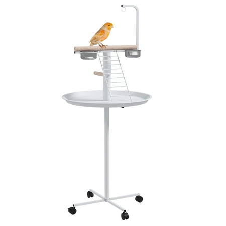 DUOSONG Pawhut Bird Stand Parrot Stand With Wheels Perches Stainless Steel Feed Bowls Round Tray Bird Play Stand For Indoor Outdoor White White Steel Pet Supplies Pens & Hutches
