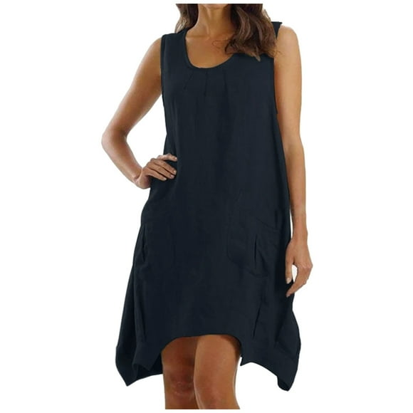 asddcavvf Dresses for Women Plus Size Loose Linen/Cotton Sleeveless Maxi Dress With Pockets Solid Co