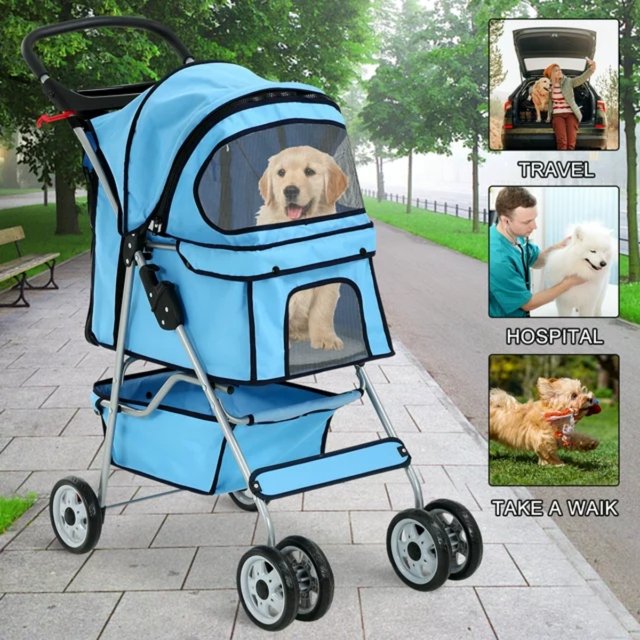 4 Wheels Pet Stroller Foldable Dog Stroller Cat Stroller with Storage Basket & Removable Liner, Travel Lite Foldable Carrier Strolling Cart for Dogs Cats, Blue