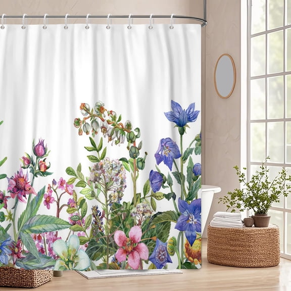 Pbobriich Spring Shower Curtains,Watercolor Floral Plants Bath Curtain,Rustic Nature Botanical Fabric Bathroom Curtain,72"x72"
