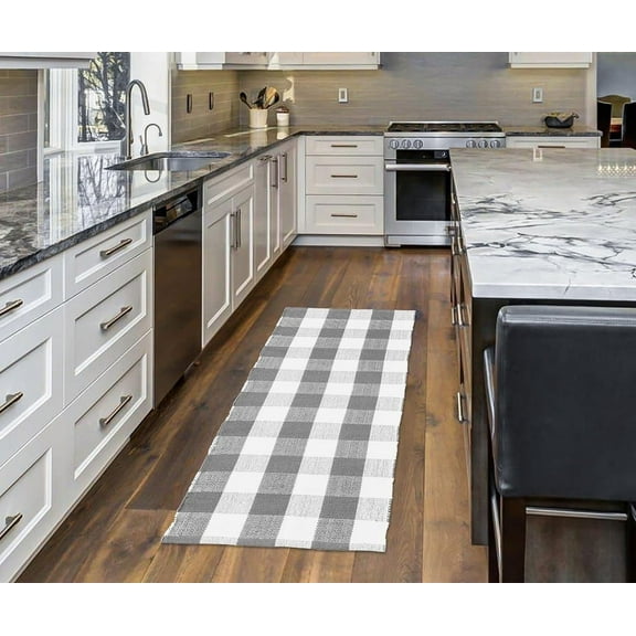 HOMEMONDE Buffalo Plaid Runner Rug 2x6 Ft - Cotton Hand-Woven Reversible Low-Pile Checkered Mats - Grey and White Outdoor Rug for Bedroom, Living Room & KItchen