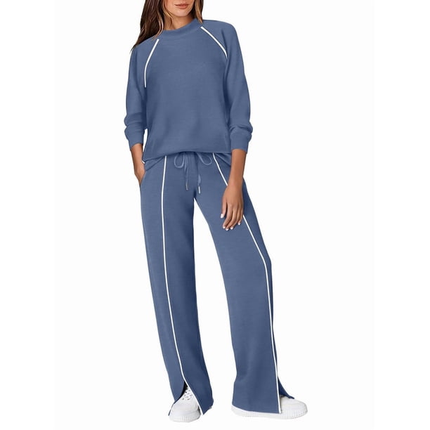 Conjuntos de Salón para Mujer, Conjuntos de 2 Piezas para Otoño, Pantalones Anchos, Conjuntos A Juego, Ropa de Mujer Azul Mar L