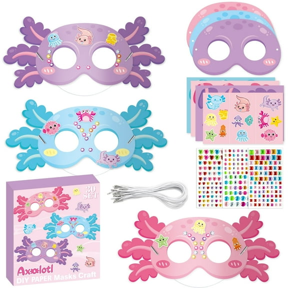 Belanttega 30Pcs Axolotl DIY Paper Masks Set for Craft Beginners Party Costume Gifts Axolotl Cardboard Masks with Rhinestone Stickers Make Your Own Masks Art Project Classroom Activity