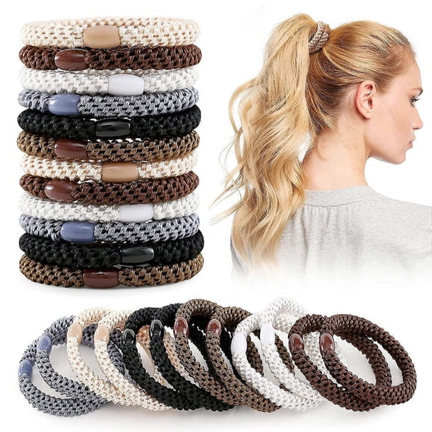 Hair Ties for Women Thick Hair, 36 Pcs High Elastics Braided Hair Bands, Soft No Damage Ponytail Holder Hair Accessories with Bead(Black/Brown/White/B