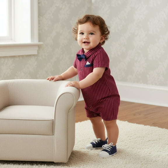 Charming Baby Boy Striped Red Jumpsuit with Bow Tie