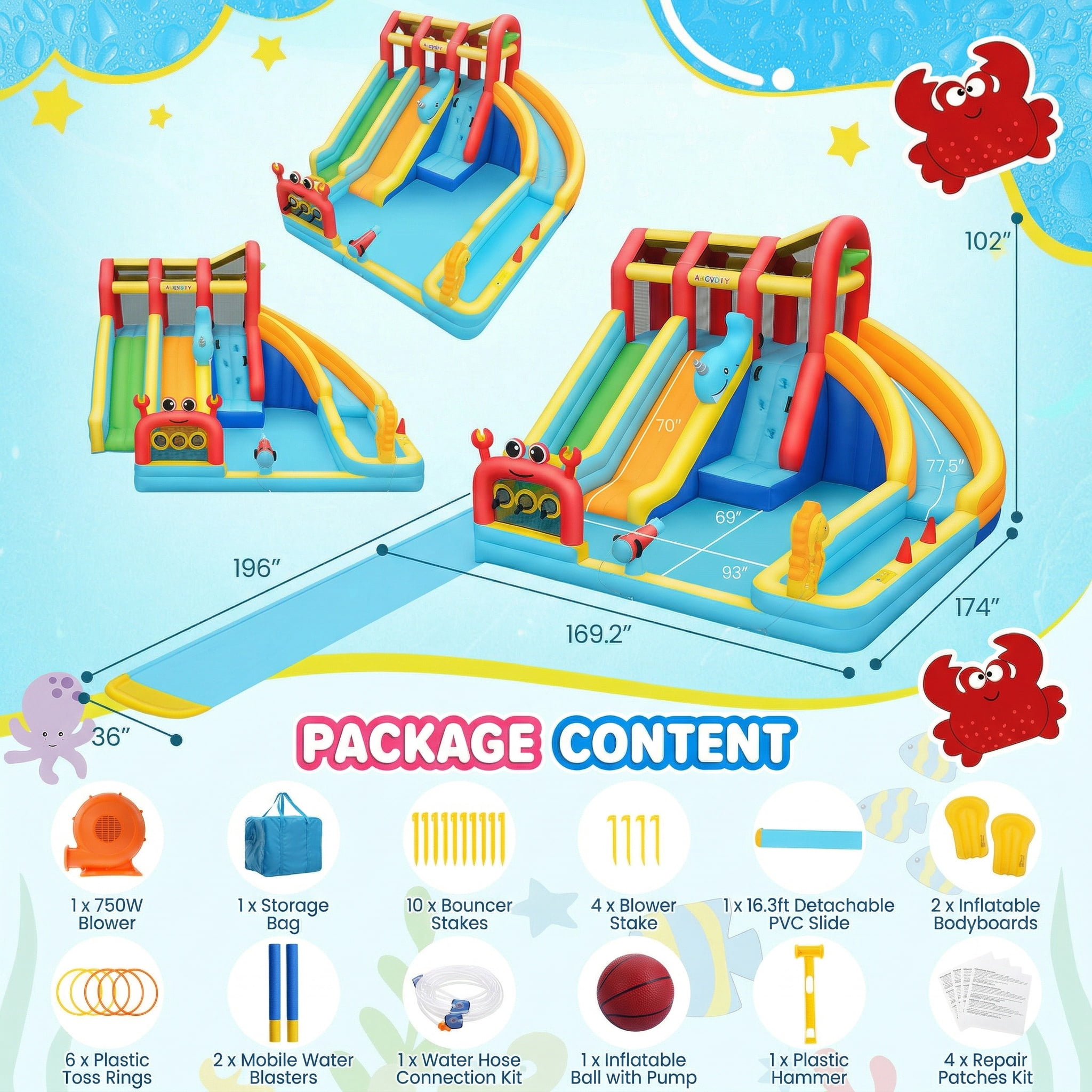Veeboto Inflatable Water Slide with 750W Blower, Water Park Featuring 3 Slides, Pool, Water Cannon, Ball Net, Ball Hoop, Ring Toss Pole, Climbing Wall, Bounce House for Ages 3-12
