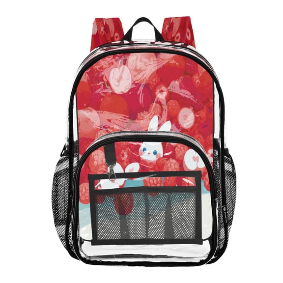 Large Clear PVC Backpack Heavy Duty See Through Backpack for Adults Work Travel, Red Berry-bunny Printed 12L