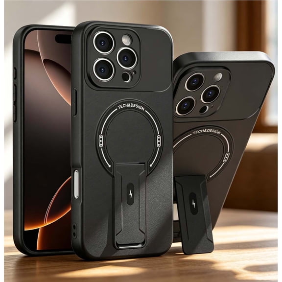 For iPhone 15 Phone Case,Adjustable Foldable Invisible Kickstand,Compatible with Mag-Safe,PC TPU Hybrid Shockproof Anti-fall Heavy Duty Drop Protection,Thin Phone Case,Black