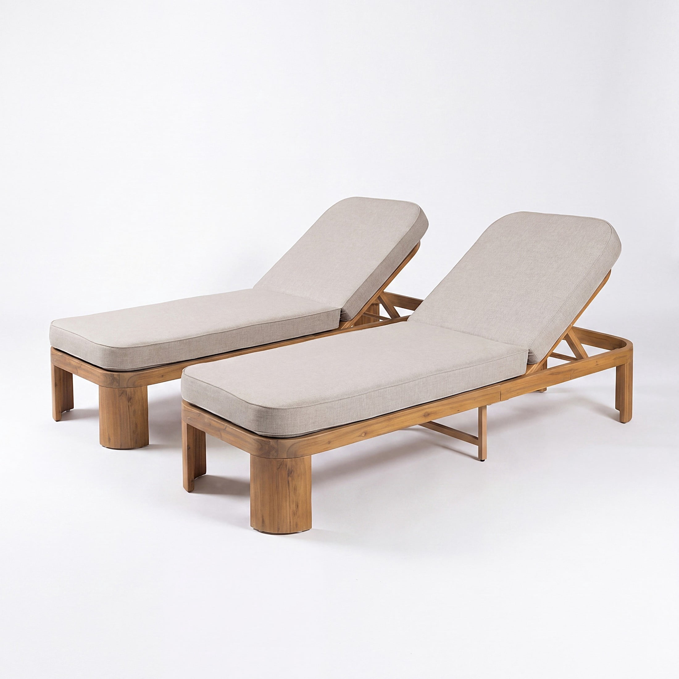 Christopher Knight Home Outdoor Wood Chaise Lounge with Adjustable Backrest and Beige Cushion, Teak, Set of 2