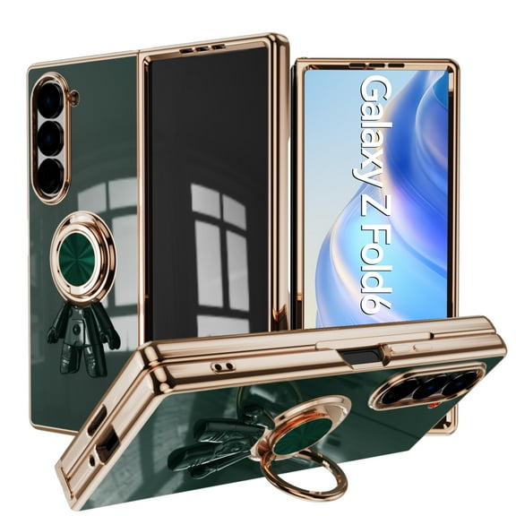 Feishell Slim Case for Samsung Galaxy Z Fold 6,Stylish Plating Cute Astronaut Portable Finger Ring Kickstand Shockproof Lightweight Flexible Silicone Magnetic Car Holder TPU Phone Case,Darkgreen