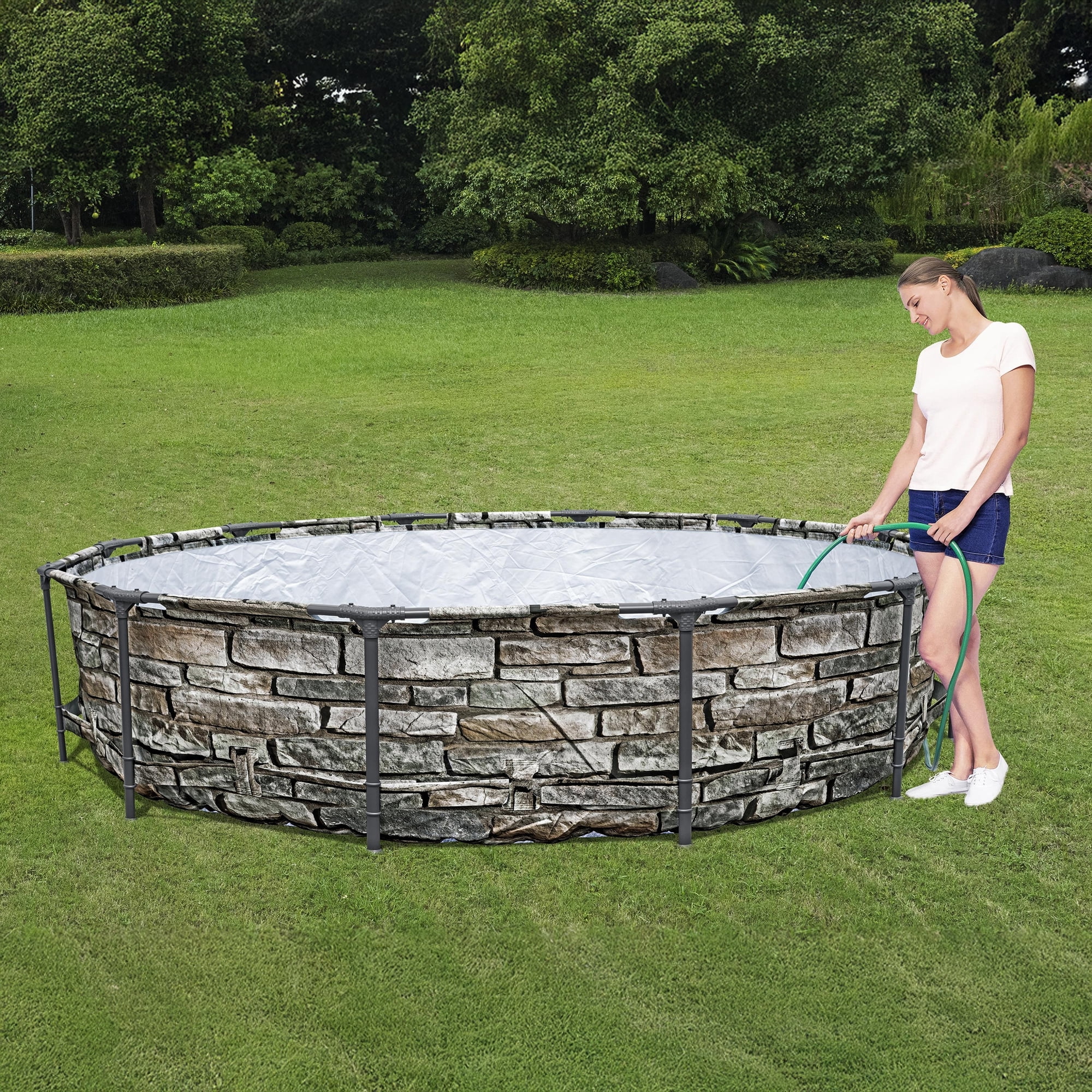 Bestway Steel Pro MAX 12'x30" Metal Frame Above Ground Pool, Filter Pump & Cartridge, Stone