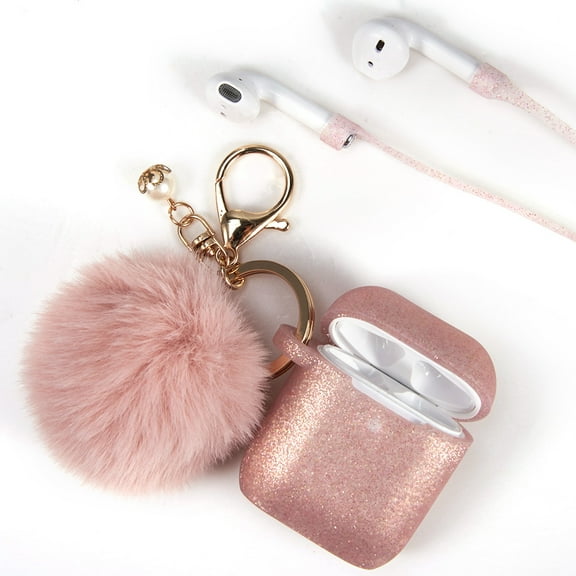 Xpression Apple AirPods Case Silicone Skin Cute Fur Ball Ornament Keychain & Strap 3 in 1 Fashion Premium Thick TPU Gummy Luxury Soft Protective Earphone Cover [Rose Gold Glitter] for Apple AirPods 2 & 1