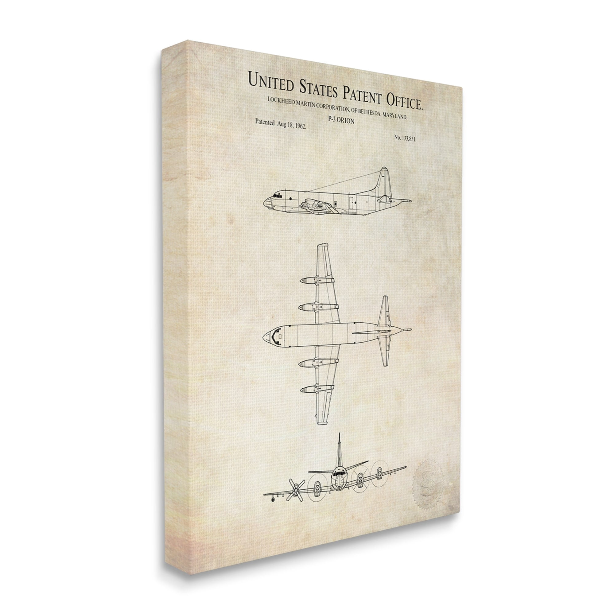Stupell Industries Vintage Airplane Aircraft Diagram Patent Blueprint Diagram Canvas Wall Art, 24 x 30, Design by Karl Hronek