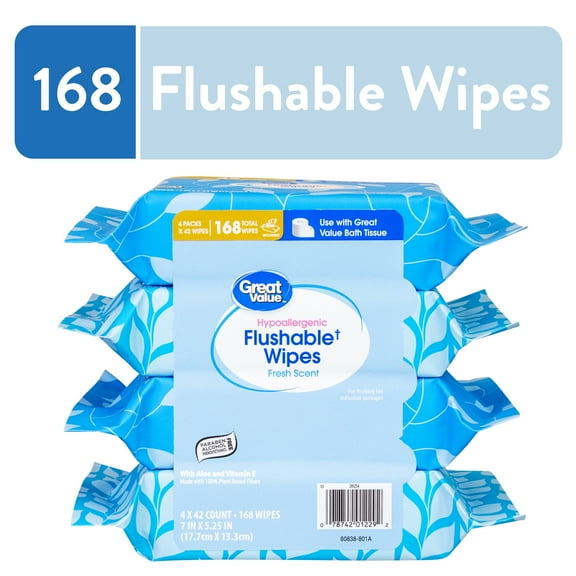 Great Value Flushable Wet Wipes, Fresh Scent, 4 Packs of 42 Wipes, 168 Total Wipes
