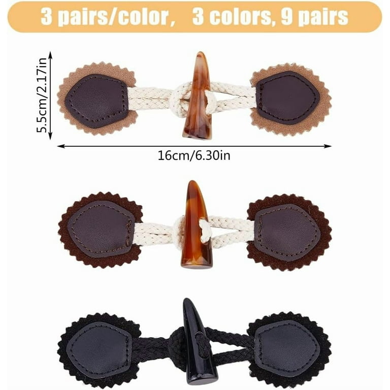 9 Pairs 3 Colors PU Leather Sew-on Toggles Resin Horn Buttons