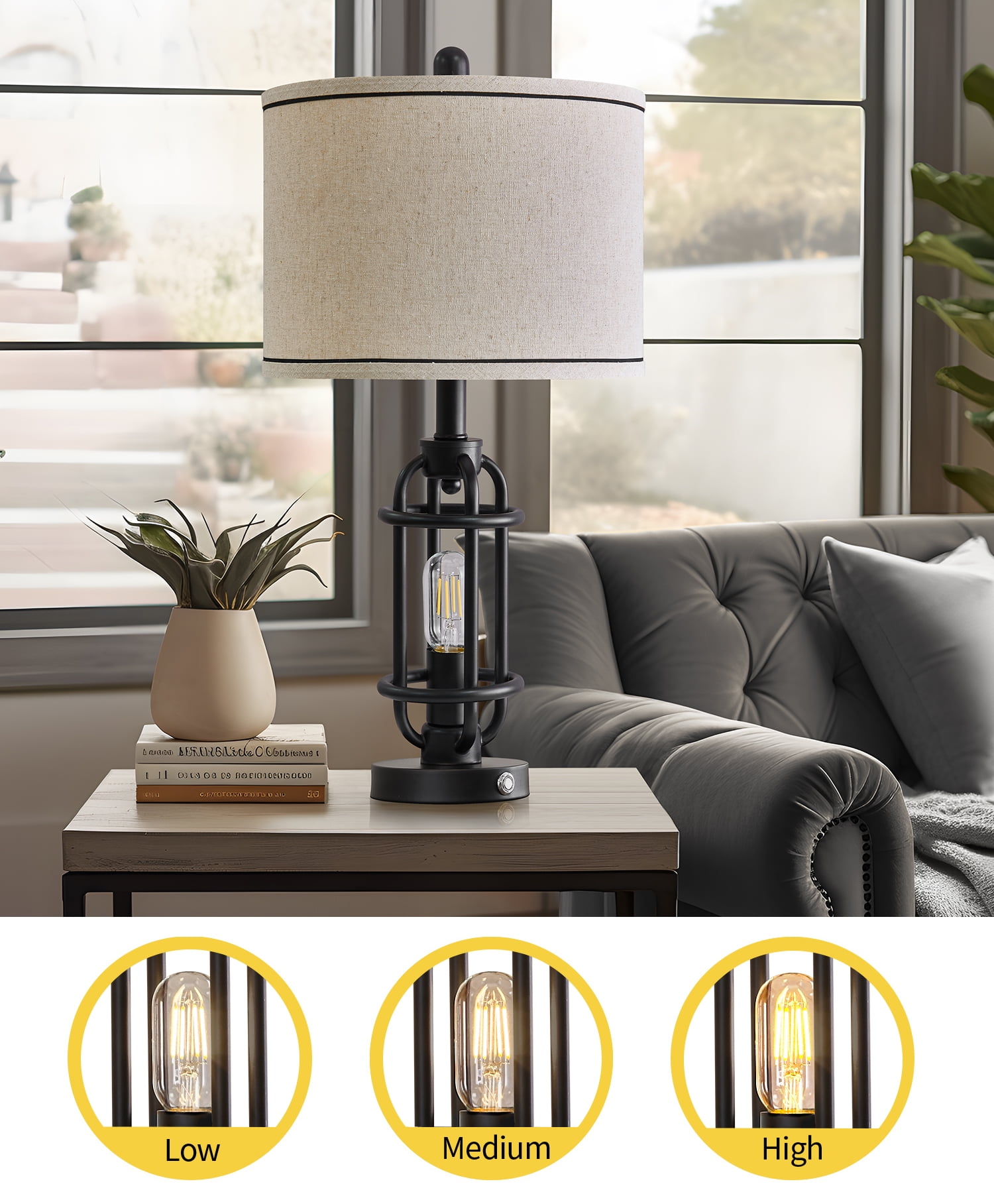 Oneach 3 Way Dimmable Table Lamp Set of 2 with USB Ports 23.75" Metal Industrial Touch Control Modern Nightstand Bedside Lamps for Bedroom Living Room