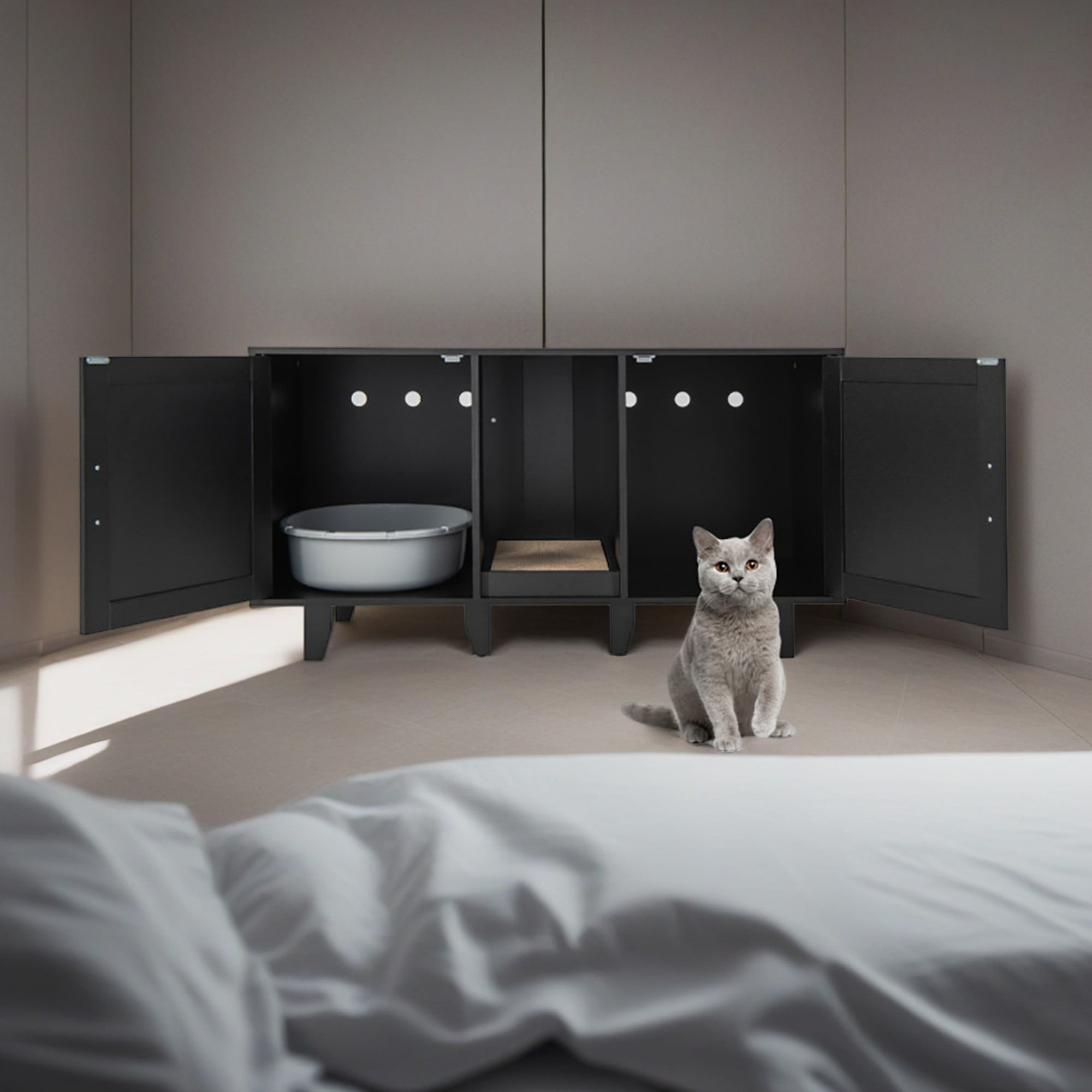 Kadyn 47" Litter Box Enclosure for 2 Litter Boxes, Hidden Cat Washroom with 2 Cabinet House, Scratching Board, Indoor Cat Litter Furniture, Black
