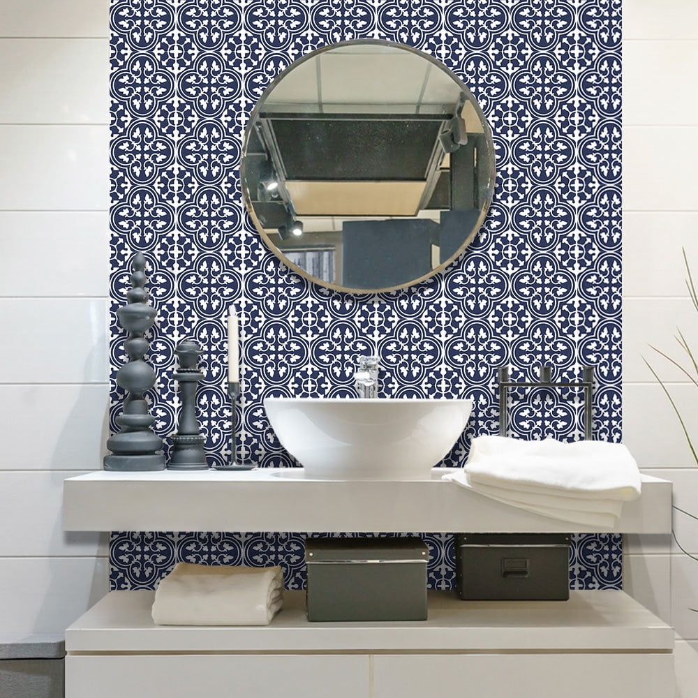 Encaustic Peel and Stick Backsplash, Blue Patterned Stick on Tile, Self-Adhesive Wall Tile Sticker for Kitchen Bathroom Fireplace Stairs, 9 Sheets