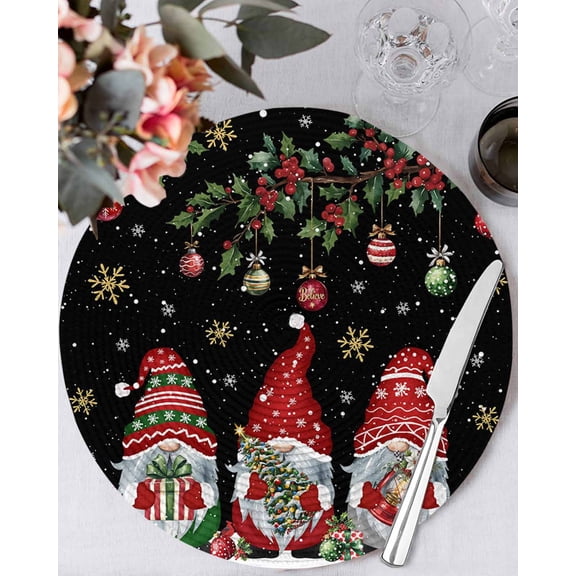 15 Inch Round Placemats Set of 6, Black Gnomes Christmas Non Slip Heat Insulation PP Table Mats, Xmas Ball Gifts Snowflake Washable Place Mats for Kitchen Dining Party Table Decor