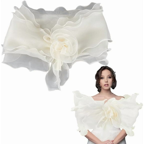 Beige Chiffon Ruffle Shawl Wrap Vintage Soft Sheer Silk Fabric Cape Pleated Floral Trimming Wave Edging Detachable Collar for Women Party Birthday Dresses Clothes Decoration Wedding Bridal 1pc