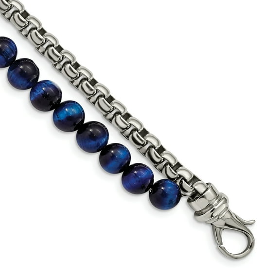 Primal Steel Stainless Steel Polished Box Chain and Blue Tiger's Eye 2 Strand 8.5 Inch Bracelet