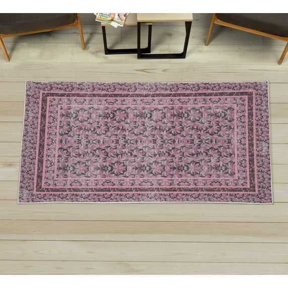 Leaf Decorative Rug, Bohemian Retro Pattern of Botanical Garden Blooms Rustic Effect Artwork, Quality Carpet for Bedroom Dorm and Living Room, 6 Sizes, Pink Umber, by Ambesonne