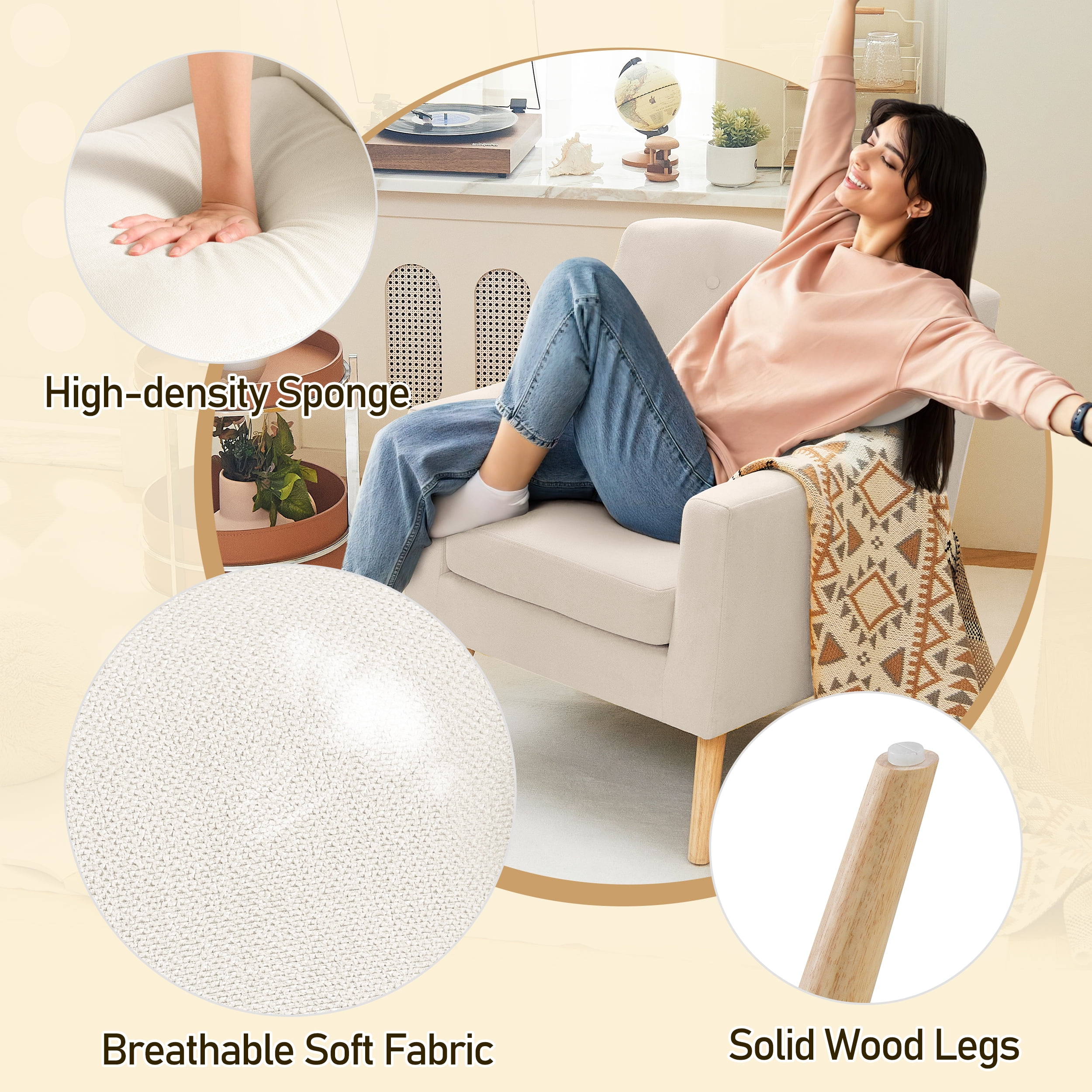 TrumanPick Mid Century Accent Chairs, Tufted Modern Living Room Armchair Single Sofa Lounge Chair for Bedroom, Beige