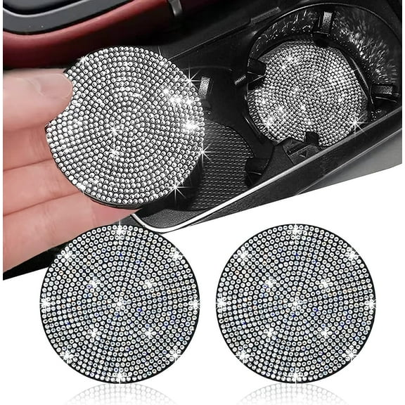 LAMIRO 2 Pcs Bling Car Cup Holder Coaster, 2.75 inch Anti-Slip Shockproof Universal Fashion Vehicle Car Coasters Insert Bling Crystal Rhinestone Auto Automotive Interior Accessories for Women (White)