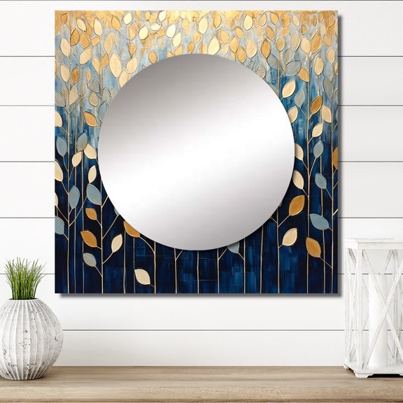 Designart "Minimalistic Scenery Of Gold And Blue Leaves" Leaves Square Mirror Wall Decor Traditional - Large Gold Square Bathroom Mirror - Square Printed Wall Mirror Art