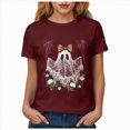 thumbnail image 5 of TOWED22 Fall Shirts for Women Halloween Bow Ghost Flower Graphic Tees Spooky Season Tops Cute Autumn Halloween T-Shirt(Wine,XXL), 5 of 8