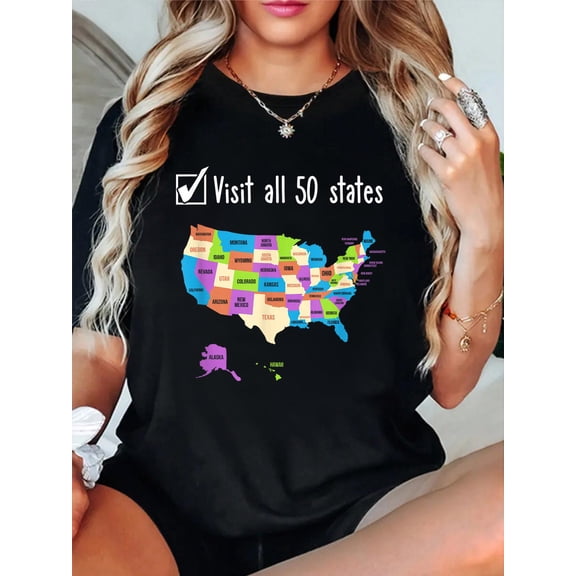 Visit All 50 States Gift USA Bucket List T-Shirt casual short sleeve crew neck cotton tee tops for women