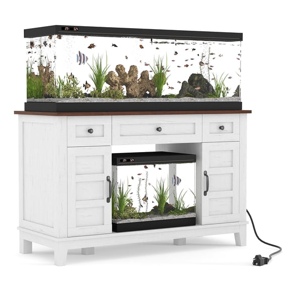Farmhouse Fish Tank Stand for 55-75 Gallon Aquarium – Heavy Duty 1400LBS Cabinet, Double Doors, Drawers, Adjustable Storage, Power Outlet – Brownish White