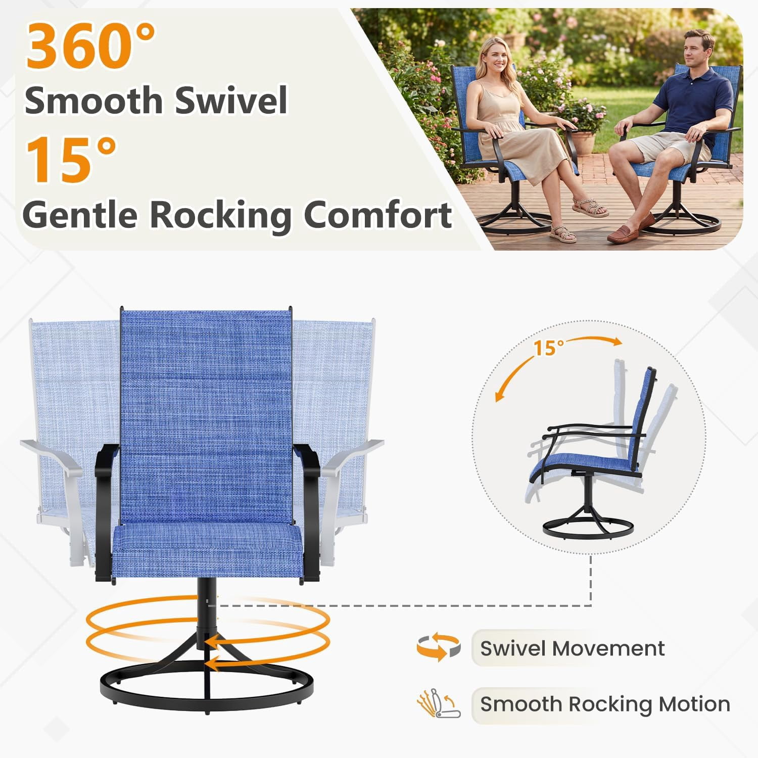 Erinnyees Patio Swing Dining Chairs Set of 2, Stackable Outdoor Swing Chairs, All Weather Breathable Textile, Heavy Duty Metal Frame Porch Chairs for Backyard, Lawn (Only Chairs, Blue, Set of 2)