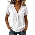 thumbnail image 2 of ClodeEU Women's V Neck Pleated Front Short Sleeve Linen Blend Blouse,Casual Loose Fit Summer Top White,Women's Plus L, 2 of 8