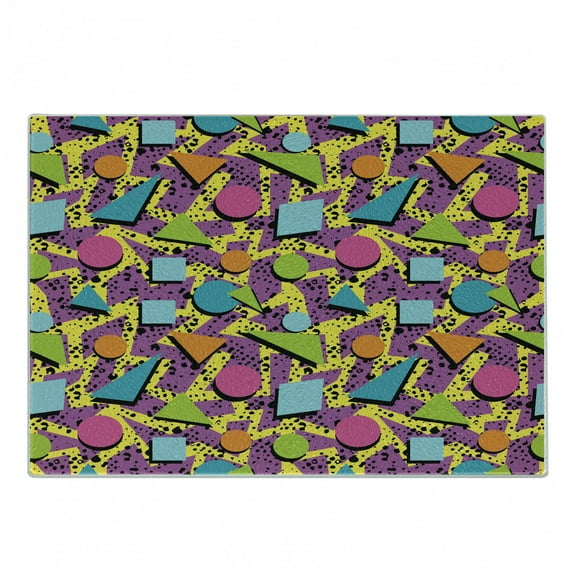 Vintage Cutting Board, Funky Geometric 80s Memphis Fashion Style Colorful Pop Art Inspired Pattern, Decorative Tempered Glass Cutting and Serving Board, Small Size, Multicolor, by Ambesonne