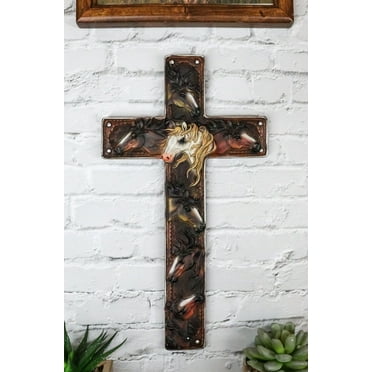 Rustic Western Colorful Horses Breeds Faux Tooled Leather Finish Wall Cross 11"