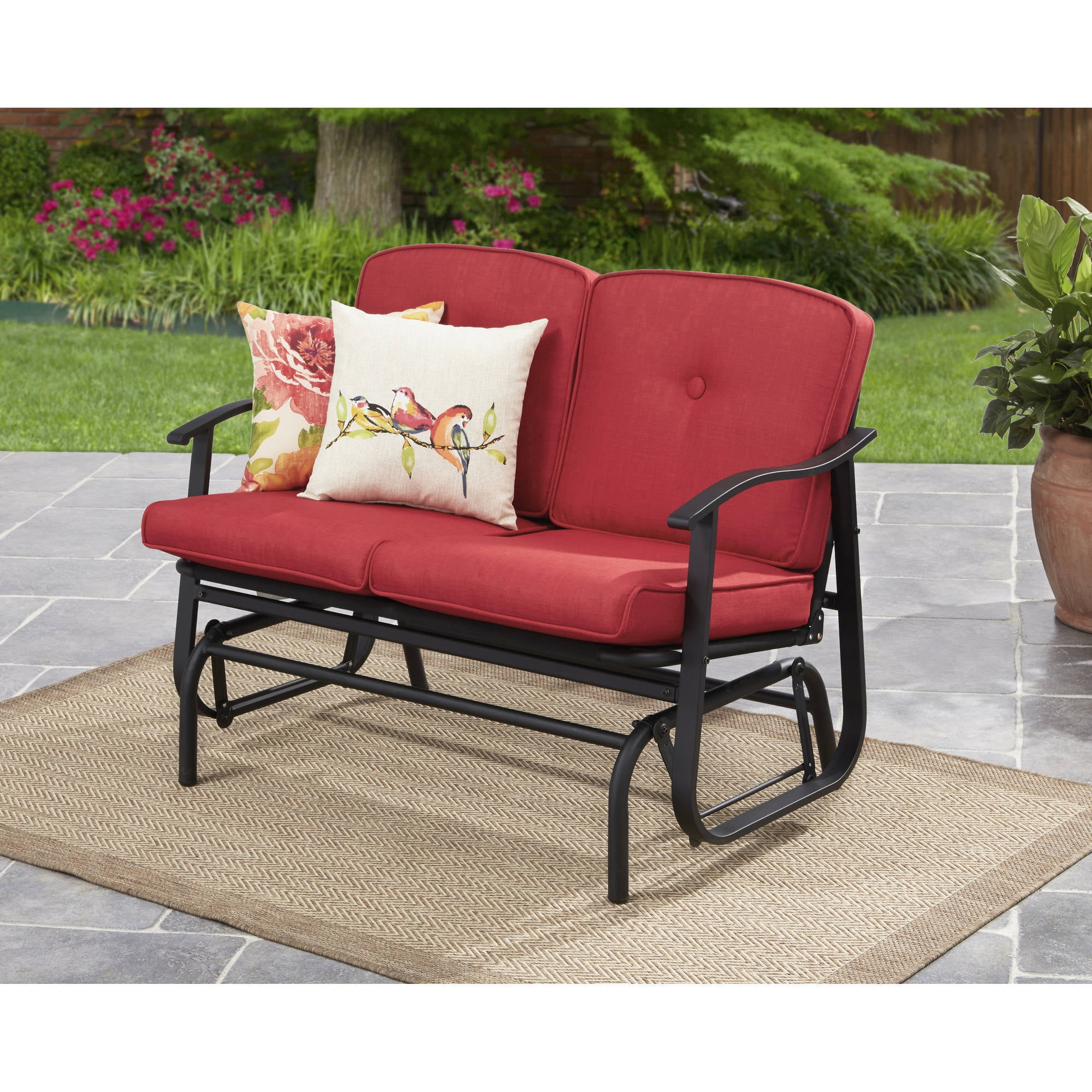 Mainstays Belden Park Outdoor Loveseat Glider With Cushion Red Walmart Com Walmart Com