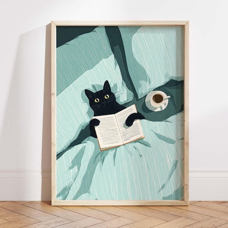 Black Cat Reading Print Book Nook Cozy Cat Wall Art Book Lover Gift Bedroom Decor Feline I