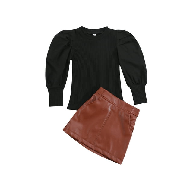 FAROOT 2 Pcs Tenues d'Automne pour Filles Tout-Petits, Hauts à Manches Longues Bouffantes + Jupe en Cuir